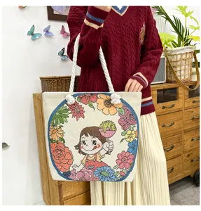 Canvas Tragetasche mit gesticktem Zeichentrick-Mädchen und Blumenkranz, modische Schultertasche.
