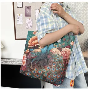 Bolso tote de lona tejida estilo étnico con patrón retro de pavo real y flores mujer