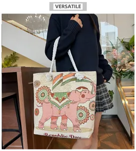 Etnikis stylou kamvas tsanta tote me kentimeno elefanta, megali choritikotita kai casual.