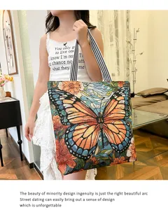 Etnische stijl vlinder geborduurde canvas tote tas, grote capaciteit casual handtas.