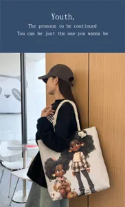 Τσάντα shopper από καμβά με χαριτωμένο σχέδιο κινουμένων σχεδίων, casual τσάντα ώμου.