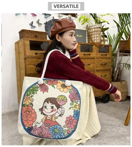 Leinwand Umhängetasche stilvolle Schultertasche besticktes Cartoon Mädchen Muster Freizeit Handtasche