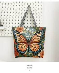 Detailweergave van de bloemige vlinder wandtapijt canvas tote tas, fijn borduurwerk.