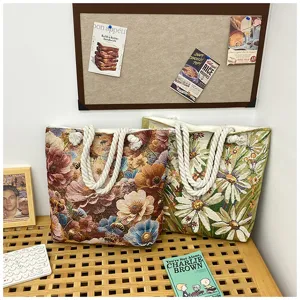 Bolso tote vintage de tela floral con asas de cuerda gruesa gran bolso de hombro lona