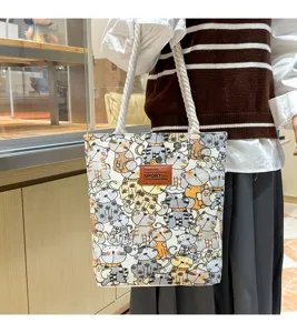 Lässige Damen Canvas Tragetasche, große Schultertasche mit süßem Katzenmuster und Kordel.