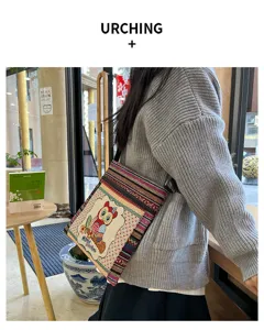 Sac bandoulière en toile mignon avec broderie ethnique de hibou, sac d'épaule polyvalent.