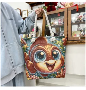 Stilvolle Canvas-Tragetasche mit niedlicher Cartoon-Fisch-Stickerei, lässige Schulterhandtasche.