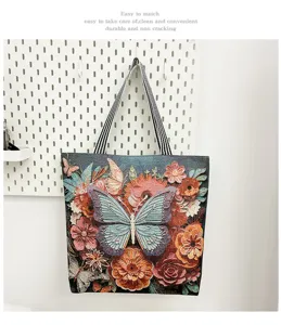 Canvas shopper tas met 3D vlinderborduurwerk, etnische casual grote schoudertas voor dames.