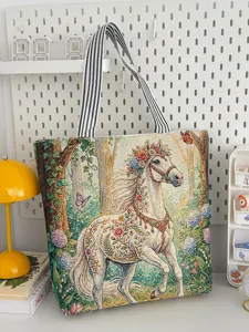 Sac cabas en toile avec design élégant de cheval floral et bretelles rayées femmes.