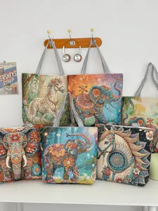 Sac cabas tissé ethnique sud-asiatique, sac bandoulière vintage motif éléphant cheval.