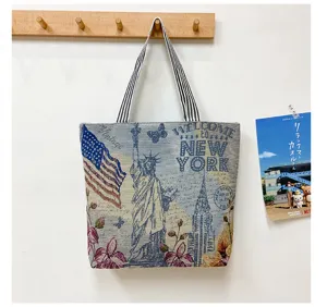 Canvas shoulder tote bag with retro New York city print, casual daily shopping handbag.