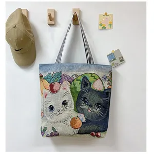 Süße Katzen Obst gewebte Canvas Tote Bag Freizeit Umhängetasche für Damen Einkauf.