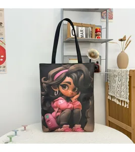 Stylish canvas tote bag with trendy cartoon black girl print, large capacity student shopping bag.