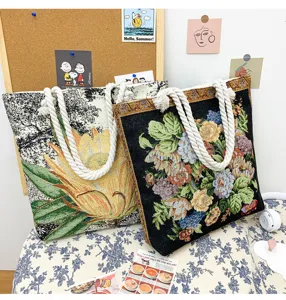 Sac cabas fourre-tout vintage en tapisserie avec anses en grosse corde, sac à main fleuri.