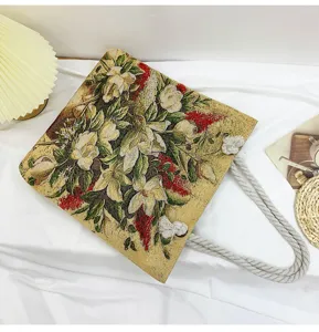 Sac cabas en toile jacquard à fleurs style chinois avec poignées en corde de coton, sac shopping.