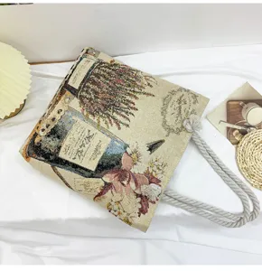 Sac Cabas Tressé Rétro Sac Bandoulière Floral en Tissu Corde de Coton Sac de Shopping Tendance