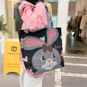 Borsa shopper in tela stile coreano con ricamo di coniglio carino grande borsa a tracolla casual