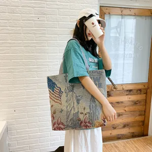 Fashion canvas tote bag for women, large capacity shoulder bag with vintage New York style.