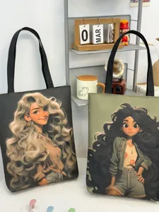 Canvas tote bag for women, large capacity shoulder shopping bag with fashion cartoon print.