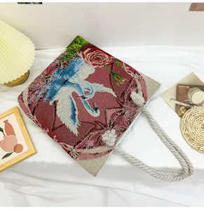 Sac Cabas Jacquard Vintage Elegant Motif Cygne Rose Toile Sac Bandouliere Tissu Femme