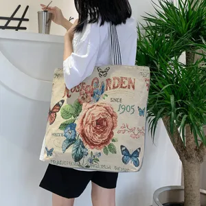 Damen Retro Bedruckt Polyester Leinwand Einkaufstasche Große Kapazität Lässige Umhängetasche Mit Gestreiftem Griff Alltagstasche Für Frauen