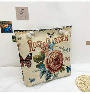 Sac cabas en toile style rétro jardin de roses sac bandoulière décontracté en corde de coton