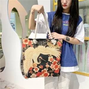 Sac Cabas en Toile Brodé Jacquard Rétro Chinois Fil Métallique Doré Grue Cygne Fleur Grande Capacité Poignée en Corde de Coton Sac À Épaule Pour Femmes