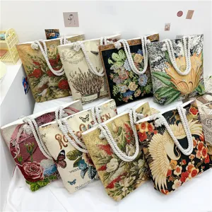 Sac cabas fourre-tout jacquard à fleurs vintage poignée en corde de coton sac d'épaule.