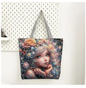 Canvas shopper met artistieke fantasy meisjesprint, casual grote schoudertas voor dagelijks.
