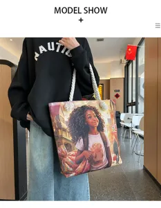 Τσάντα tote από καμβά με χαριτωμένο τύπωμα κοριτσιού κινούμενων σχεδίων, ευέλικτη τσάντα ώμου.