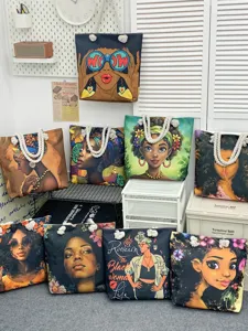 Μεγάλη τσάντα shopper από καμβά με μοντέκο εικονογράφηση μαύρης γυναίκας και χερούλια.