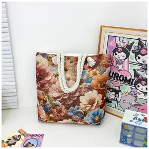 Bolso tote de lona con estampado floral vintage y asas de cuerda gruesa gran capacidad