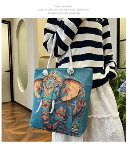 Εθνική τσάντα shopper από καμβά με ελέφαντα, κεντημένη γυναικεία τσάντα ώμου με σχοινί.