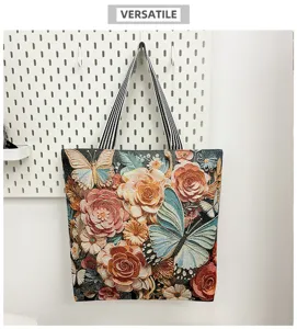 Etnische geweven canvas tote bag met 3D geborduurde bloemen en vlinders patroon.
