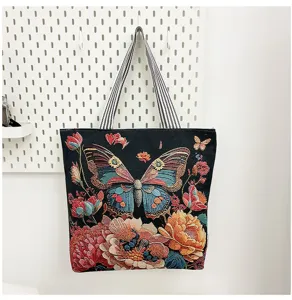 Vintage etnische stijl borduurwerk canvas tote bag, grote capaciteit casual schoudertas.