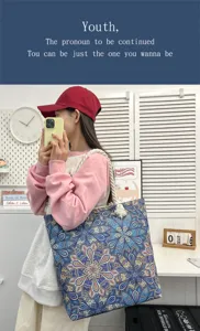 Borsa shopper in tela da donna stile bohémien, grande borsa a mano mare viaggio estate.