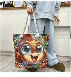 Modische bestickte Segeltuch Tragetasche mit niedlichem Fisch Design fur Damen Schultertasche
