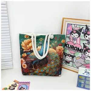 Bolso tote estilo étnico pavo real tapiz asas cuerda gruesa gran capacidad lona hombro bolso