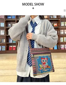 Sac Bandoulière en Toile Brodé Ethnique Hibou Sac à Épaule Sacoche Casual Femme