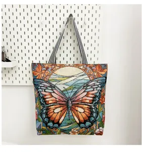 Etnische vlinder geborduurde canvas tote tas, casual grote capaciteit vintage handtas handgemaakt.