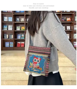 Sac bandoulière en toile style ethnique avec broderie hibou mignonne, sac décontracté quotidien.