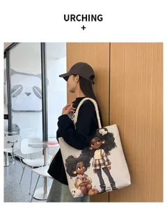 Casual καμβάς τσάντα shopper με χαριτωμένο καρτούν εκτύπωση, μοντέρνα τσάντα ώμου για γυναίκες.