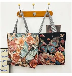 Vintage geborduurde canvas shopper tas met vlinder bloemenpatroon, grote casual schoudertas.