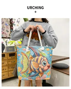 Modische Damen Canvas Shopper Schultertasche mit buntem Fisch Stickerei Design Alltag.