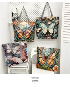 Etnische stijl 3D vlinder geborduurde canvas shopper tas, grote casual handtas.