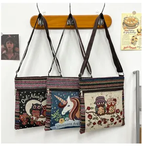 Sac bandoulière en toile style ethnique avec broderie mignonne de hibou, multi-poches.