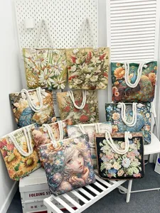 Bolso Tote de Algodón y Lino Bordado Estilo Nacional Doble Cara Brocado Estampado Flores Pavo Real Gran Capacidad Bolso de Hombro Con Asa de Cuerda Mujer