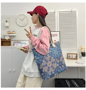Borsa shopper in tela boho da donna, grande borsa a mano da viaggio con manici in corda.
