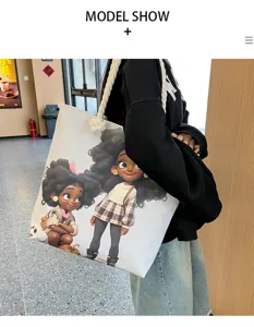 Casual Tote Tsanta apo Kamvas me Charitomeno Print 3D Cartoon Koritsia Megali Choritikotita
