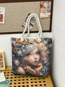 Bolso tote de lona grande con estampado de chica fantástica artística y asas de cuerda gruesas.